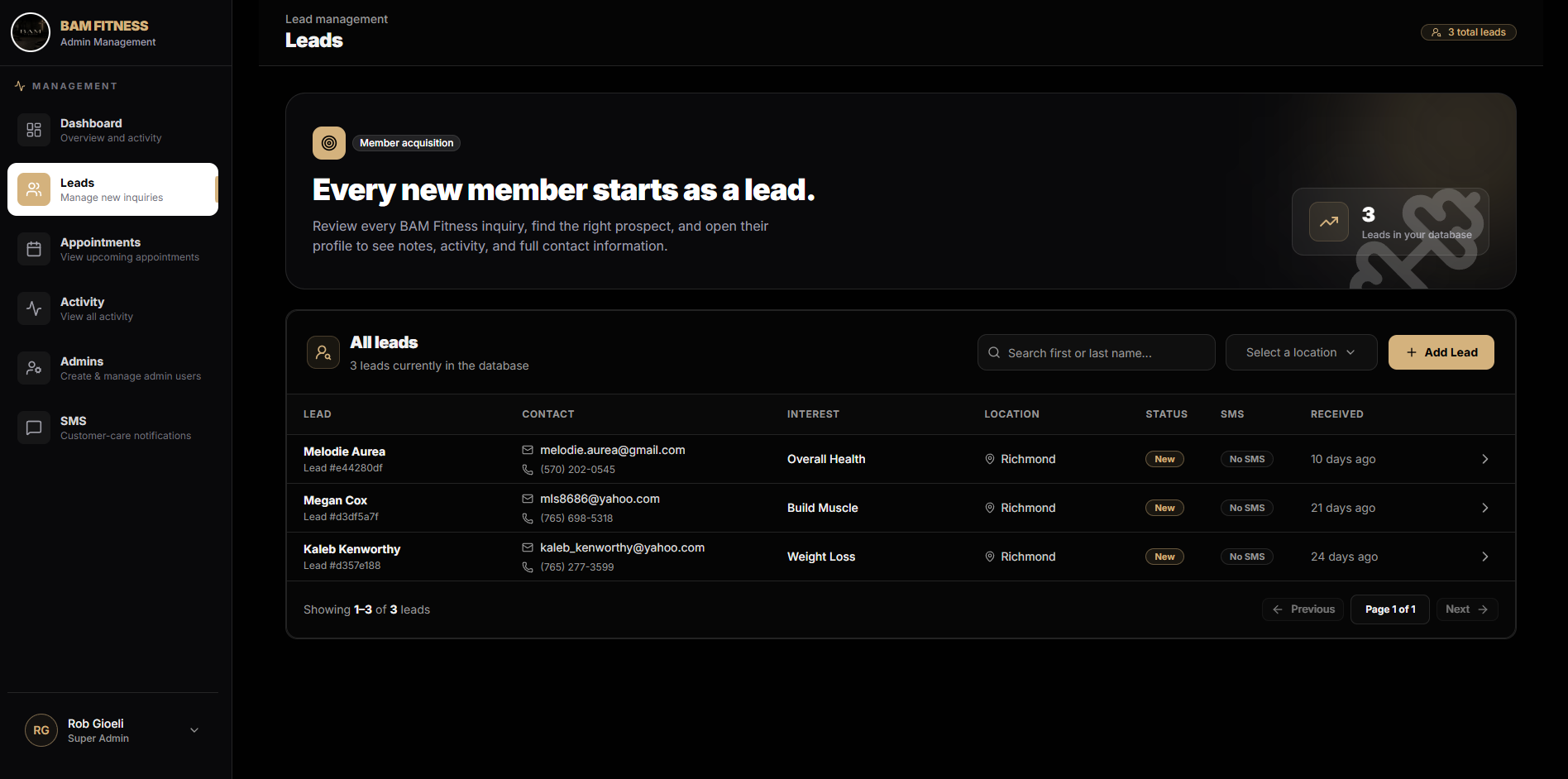 BAM Fitness admin lead dashboard