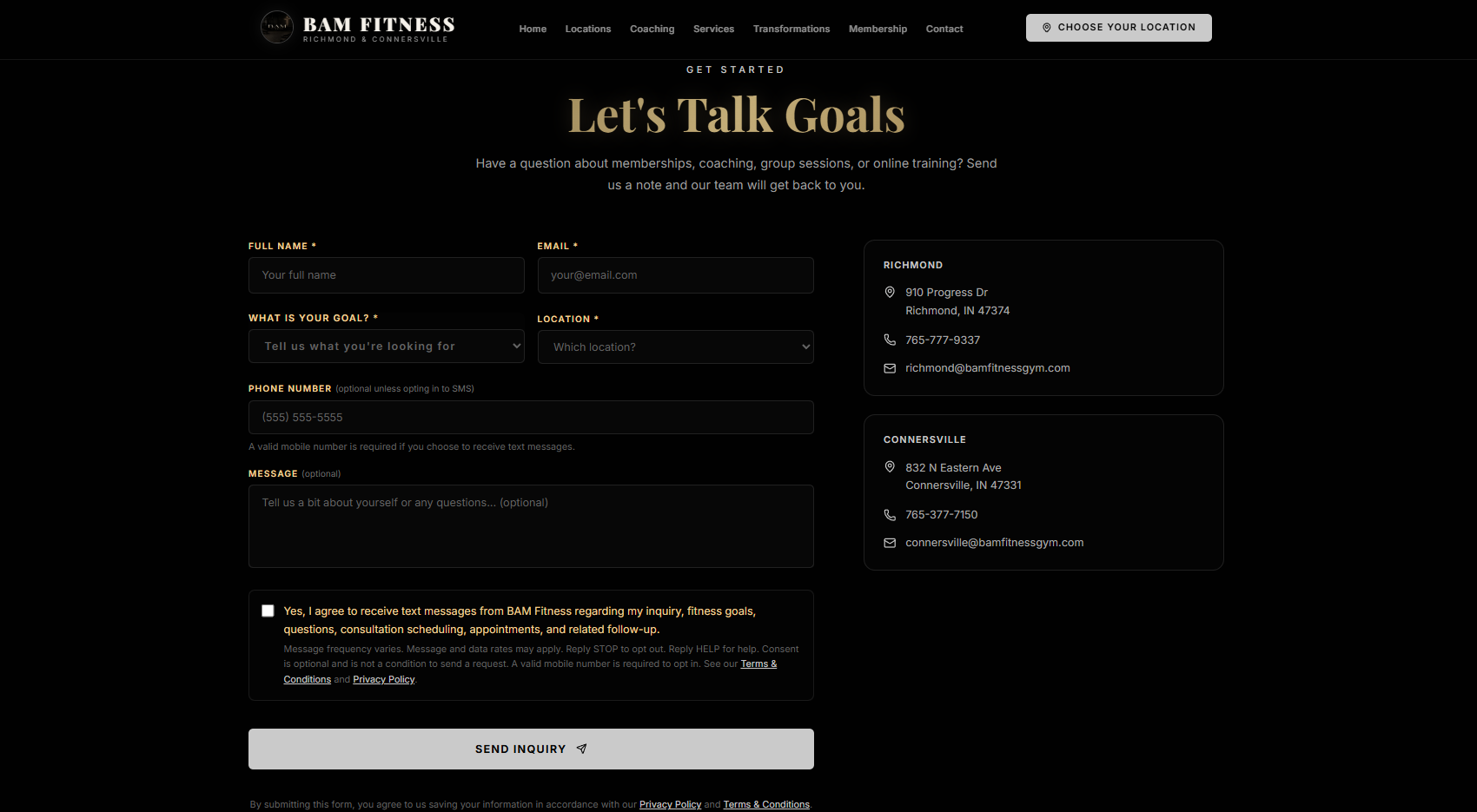 BAM Fitness customer inquiry form