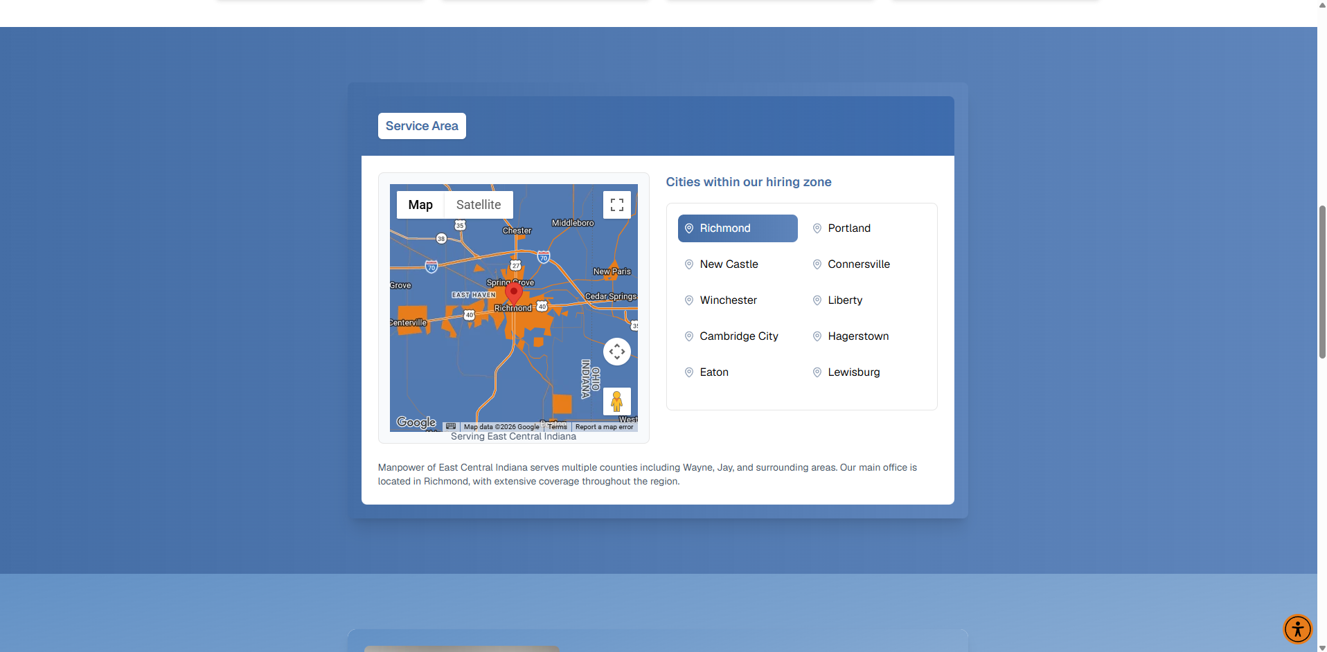 Manpower East Central Indiana location with Google Maps feature