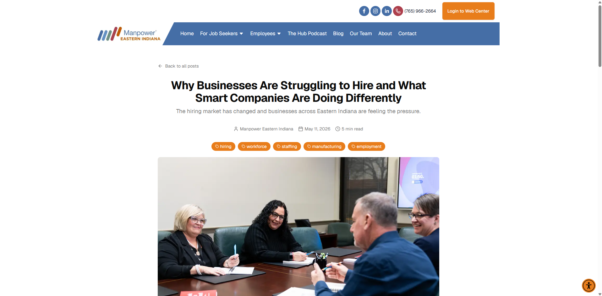 Manpower East Central Indiana blog editor with Tiptap formatting controls and image-upload functionality.